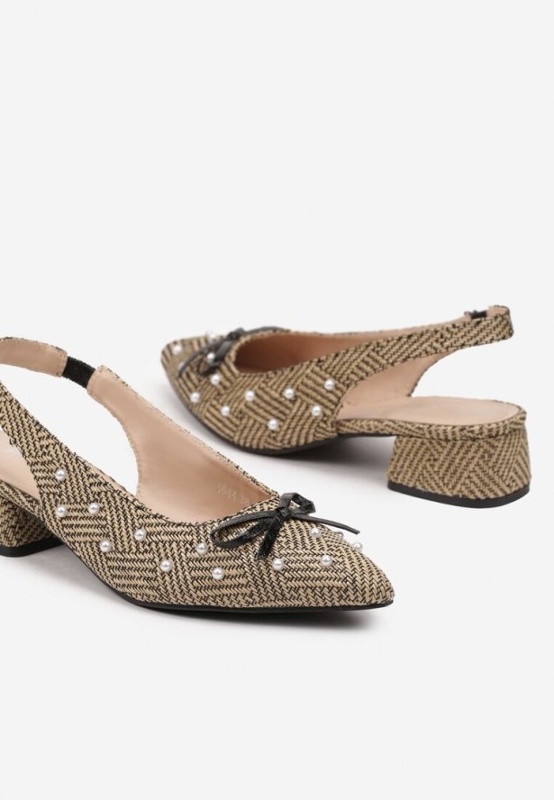 Beżowo-Czarne Czółenka na Słupku Typu Slingback Ozdobione Kokardą i Perełkami Calretis