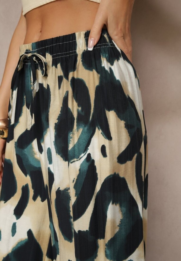 Zielone Szerokie Spodnie High Waist z Wiskozą w Panterkowy Wzór Zeviera