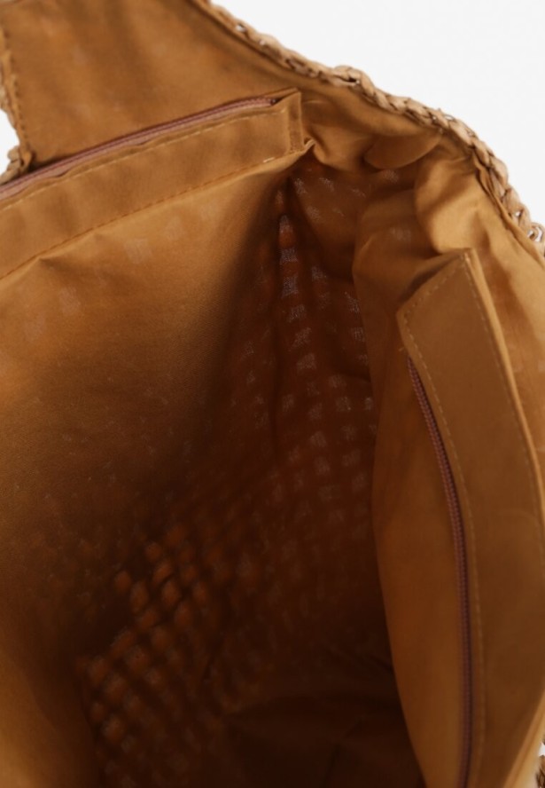 Ciemnobeżowa Torebka Shopper z Plecionką i Napisami Navessa