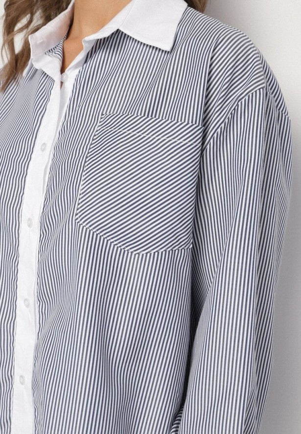 Biało-Czarna Koszula Oversize z Wiskozy z Kieszenią i Aplikacjami przy Mankietach Lisavielis