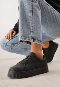 Czarne Sneakersy na Tłoczonej Platformie Zeaninia