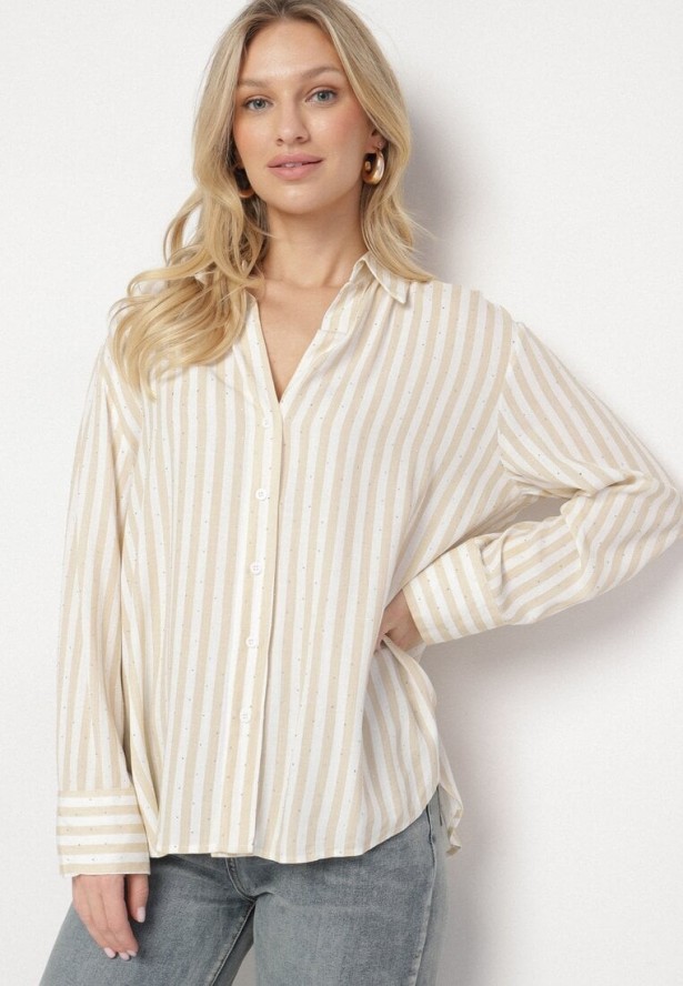 Jasnobeżowa Bawełniana Koszula w Pionowe Paski Zdobiona Cyrkoniami Isorina