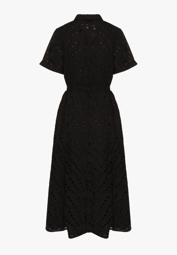 Czarna Koszulowa Sukienka Haftowana z Paskiem Rinessa