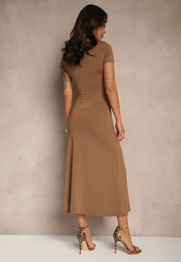 Brązowa Sukienka Bodycon z Marszczeniem w Talii i Krótkimi Rękawami Aterezza