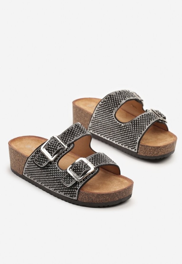 Czarne Klapki na Grubej Podeszwie z Korka z Cyrkoniową Cholewką Dralsedi