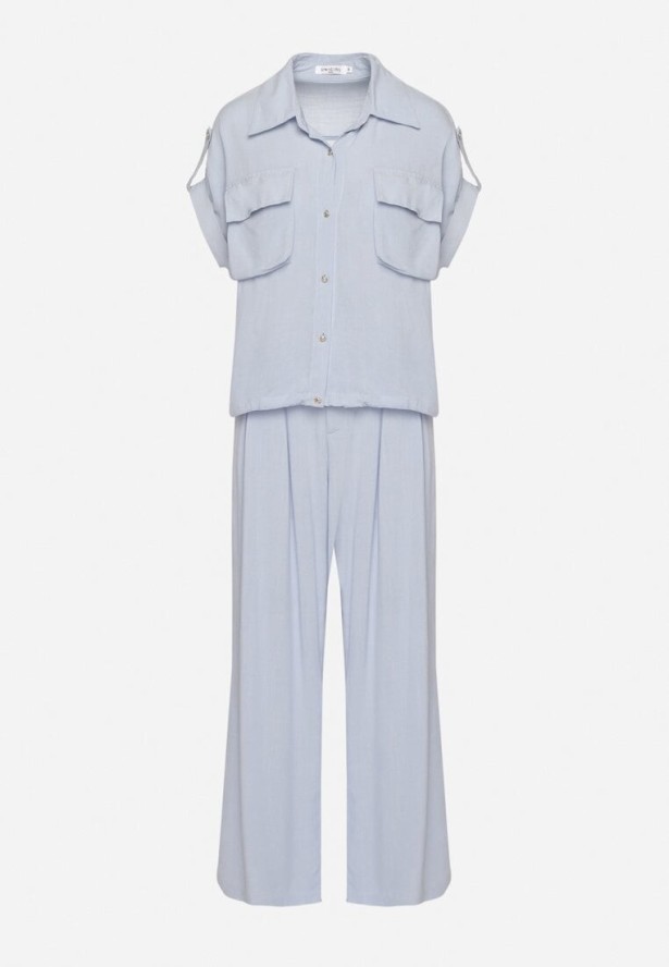 Niebieski Wiskozowy Komplet Koszula z Ozdobnymi Kieszeniami i Spodnie Rinesella