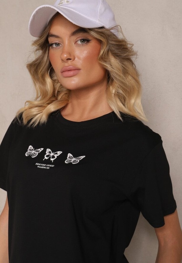 Czarna Bawełniana Bluzka T-shirt Oversize z Aplikacją w Kształcie Motyli Elmaris