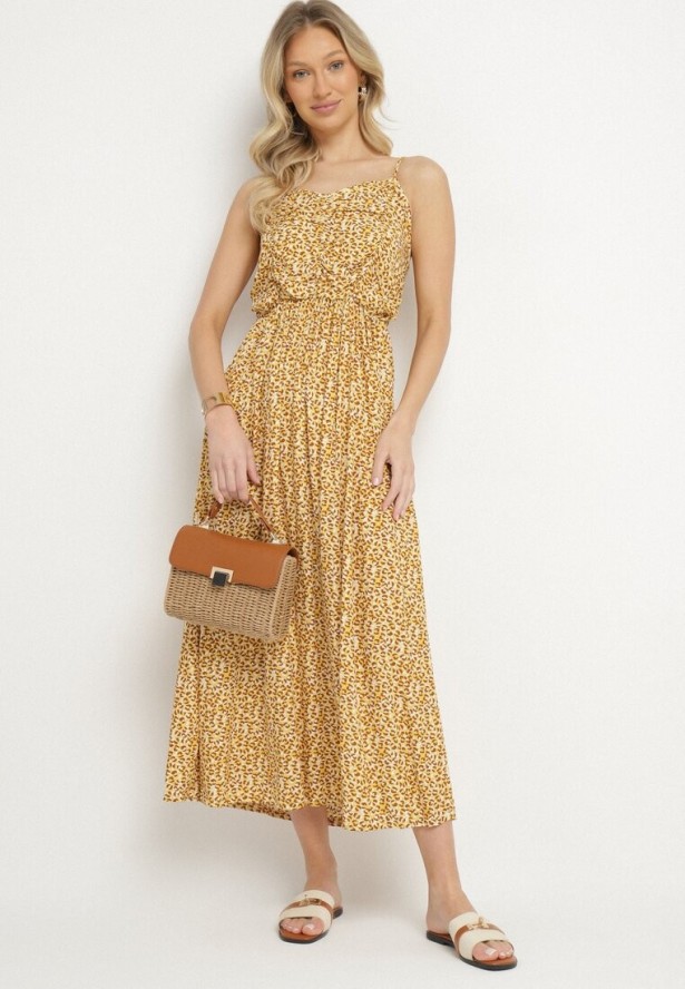 Żółta Bawełniana Sukienka na Ramiączkach o Rozkloszowanym Kroju Jenarella