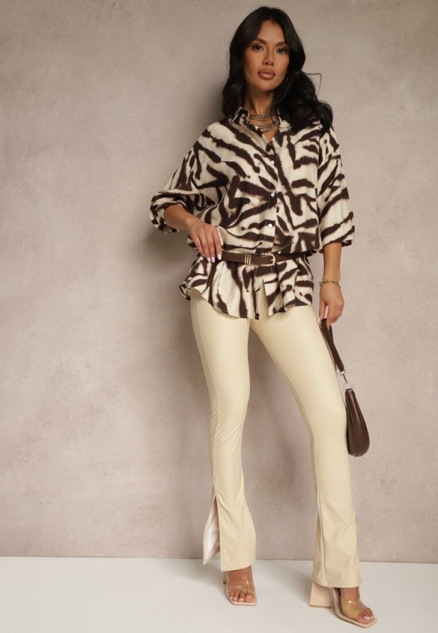 Beżowe Spodnie Dzwony z Ekoskóry High Waist Ellimaya