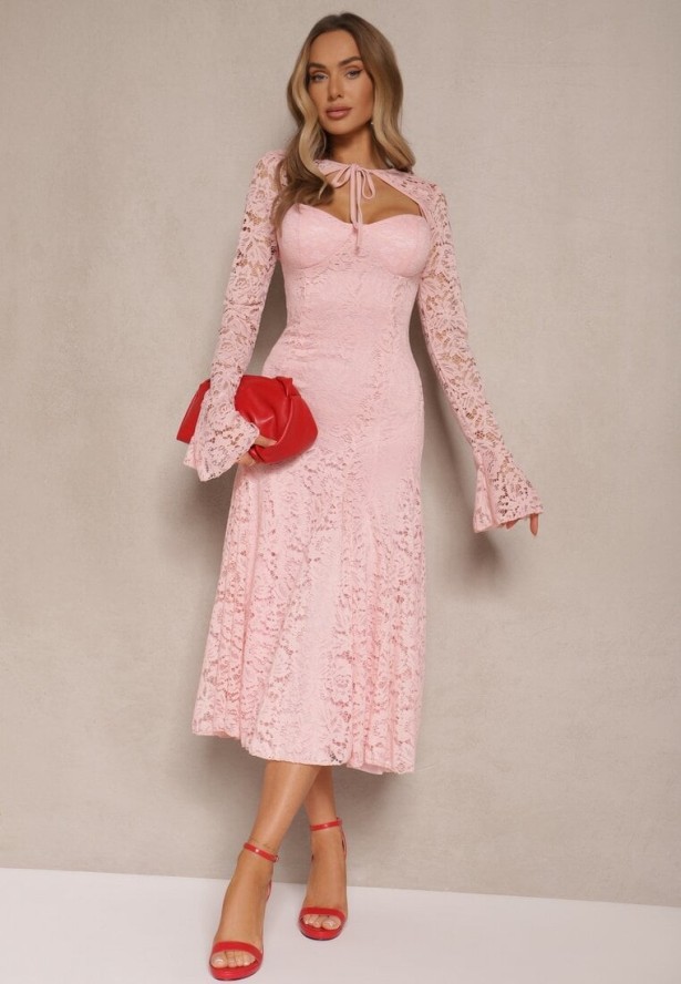 Ciemnoróżowa Rozkloszowana Sukienka z Koronki z Dodatkowym Bolerkiem Gonavora