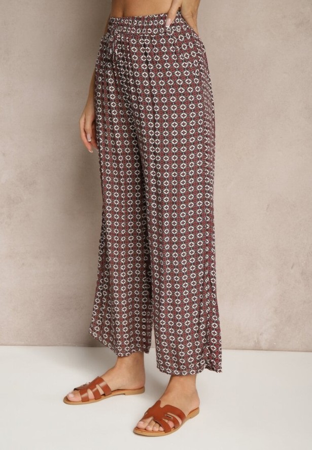 Czerwono-Szare Spodnie o Szerokim Kroju High Waist z Geometrycznym Wzorem Farisia