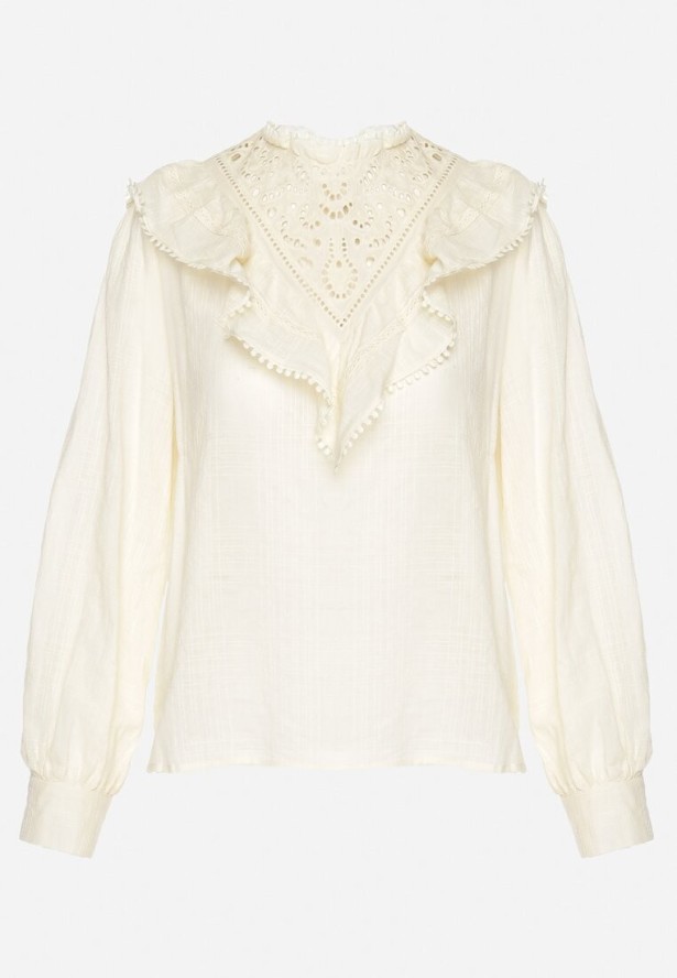 Żółta Bawełniana Bluzka z Ażurowym Haftem i Falbaną Przy Dekolcie Neveine