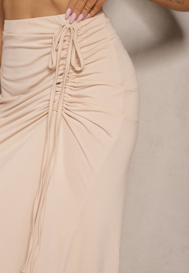 Beżowa Spódnica z Wiskozą High Waist Marszczeniem i Wiązaniem Tesainea