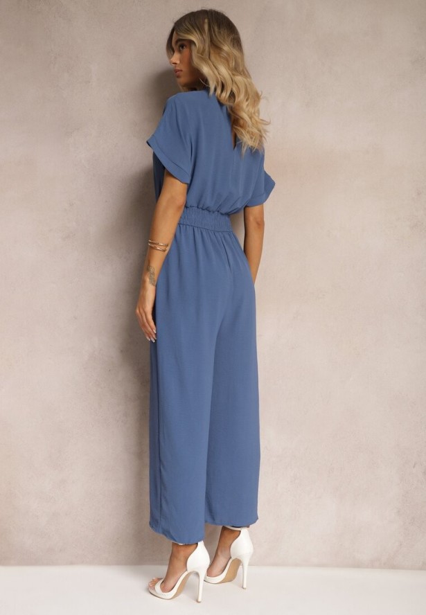 Granatowy Taliowany Kombinezon z Wiskozy Zapinany na Guziki Frisea