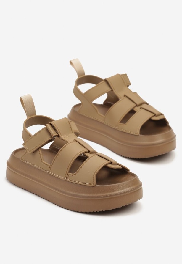 Ciemnobeżowe Sandały w Stylu Gladiatorek z Rzepem Faliniela