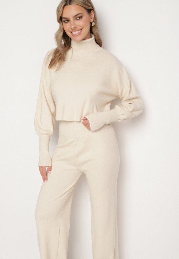 Beżowy Komplet Dzianinowy z Wiskozą Bluza Golf ze Ściągaczami i Szerokie Spodnie Noridra