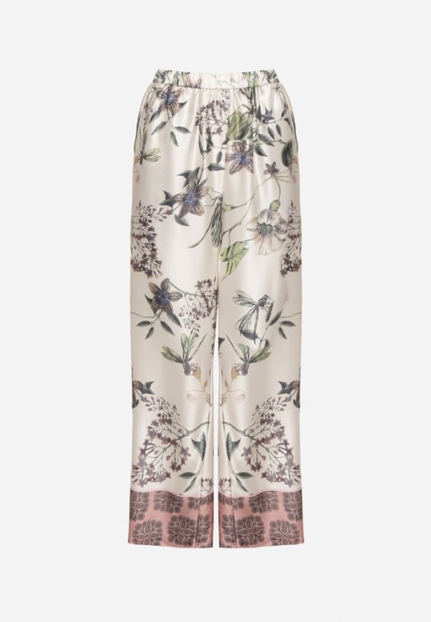 Beżowe Szerokie Spodnie z Wiskozą i Wysokim Stanem w Kwiaty Daviera