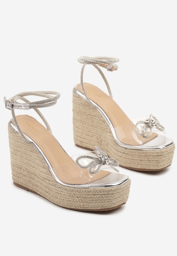 Srebrne Sandały Espadryle Vices z Cyrkoniami na Plecionym Koturnie Neolirita