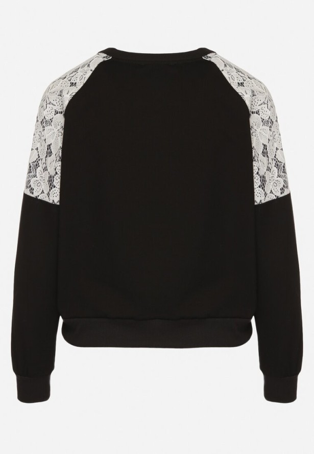 Czarna Bluza z Bawełną Ozdobiona Koronką Elanorea