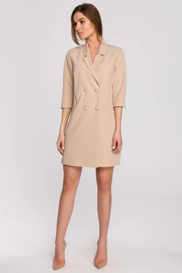 Elegancka sukienka marynarkowa z paskiem beżowa