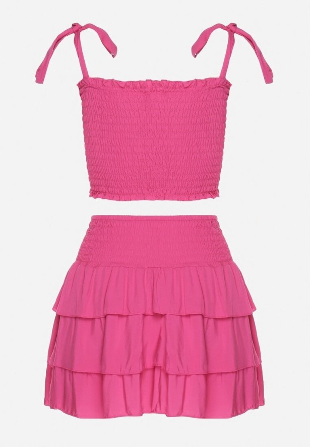 Fuksjowy Bawełniany Komplet Top z Kokardami i Spódnica z Falbanami Saralva