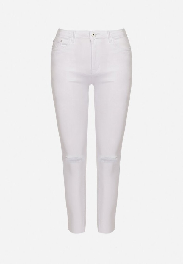 Białe Dopasowane Bawełniane Jeansy z Wysokim Stanem i Dziurami na Kolanach Novanera