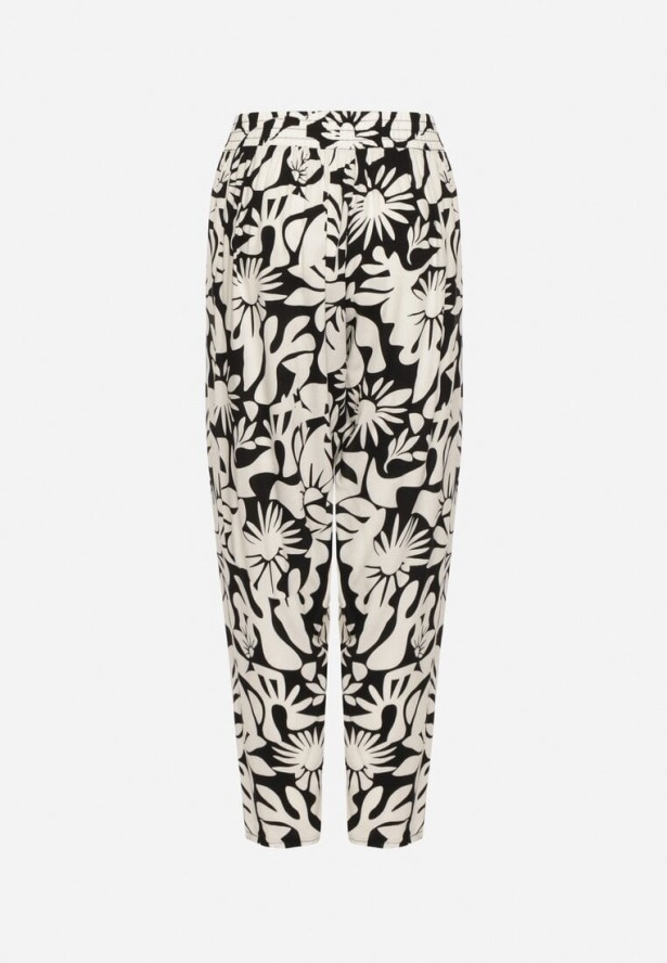 Czarne Wiskozowe Spodnie z Wysokim Stanem w Kwiaty Nilandria
