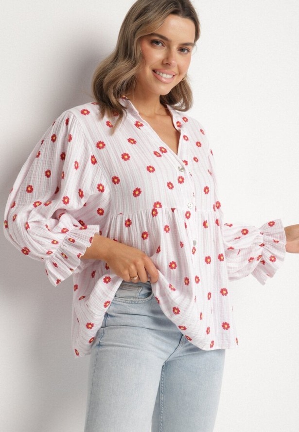 Różowo-Czerwona Bawełniana Koszula z Dekoltem w Serek w Kwiatowy Wzór Mailovelle