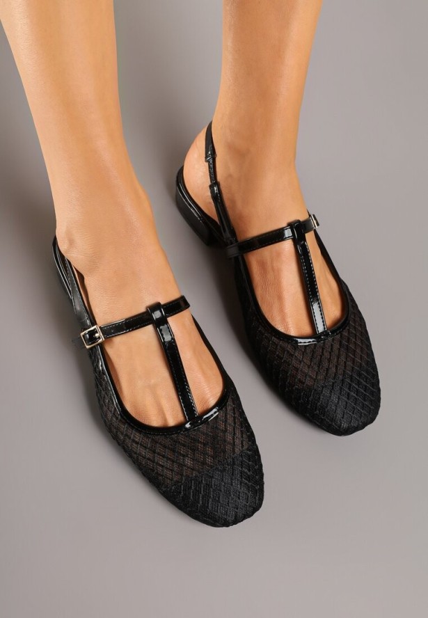 Czarne Sandały Vices Lakierowane Slingback z Siateczkową Cholewką Mairelite