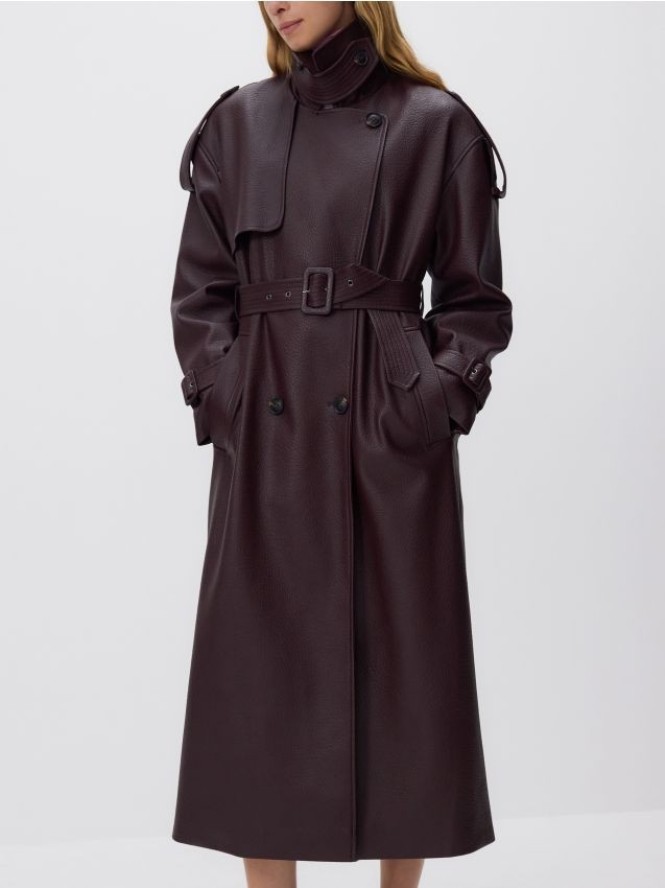 Dwurzędowy trencz z paskiem - burgundowy