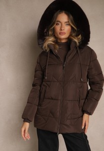 Brązowa Klasyczna Kurtka z Pikowanymi Przeszyciami i Kapturem z Futrem Mundrie