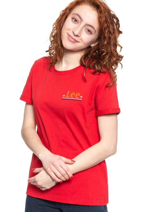 LEE T SHIRT DAMSKI CHEST LOGO TEE WARP RED L43ZFEKG 112109773