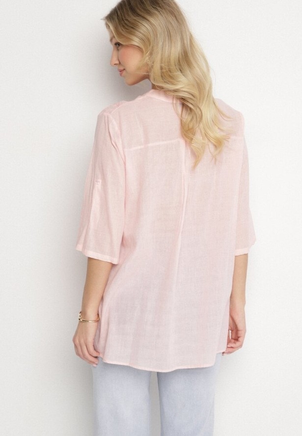 Jasnoróżowa Haftowana Koszula z Bawełny z Podwijanymi Rękawami Aradwena