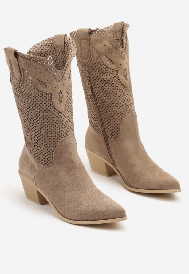 Ciemnobeżowe Ażurowe Botki na Obcasie w Stylu Kowbojek Felorwen