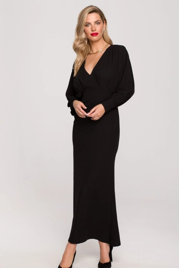 Długa wieczorowa sukienka rybka z bufiastymi rękawami czarna