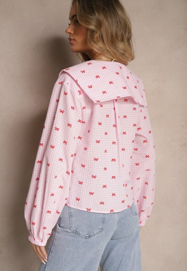 Różowa Koszula w Kratkę z Bawełny i Wiskozy Ozdobiona Dużym Kołnierzem Selzemia