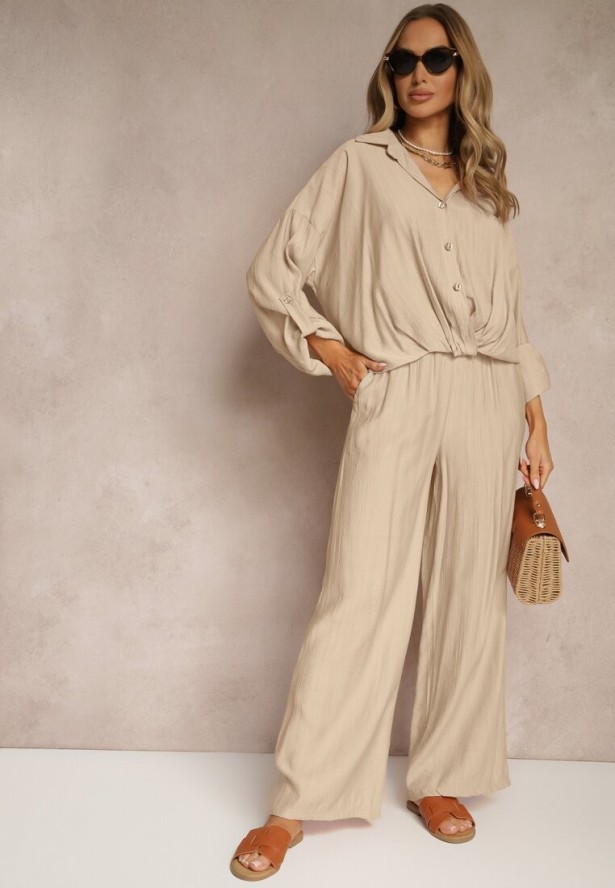 Jasnobeżowy Komplet z Wiskozy w Stylu Oversize Szerokie Spodnie i Luźna Koszula na Guziki Natinne