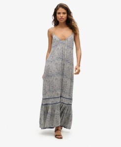 superdry Długa sukienka na cienkich ramiączkach Maze Print Navy