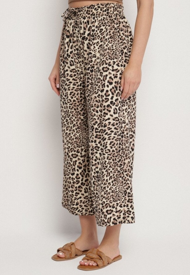 Beżowo-Czarne Spodnie o Szerokim Kroju z Gumką w Talii w Panterkę Filassena