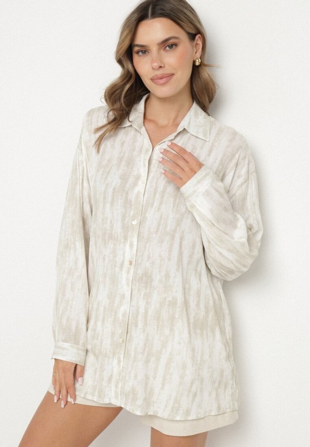 Beżowa Koszula z Lnu i Wiskozy we Wzór Tie-Dye Rediana