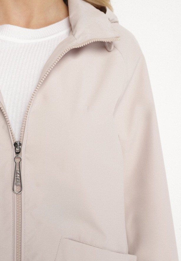 Jasnobeżowa Kurtka Parka o Pudełkowym Kroju ze Ściągaczem w Talii i Kapturem Sesoliena