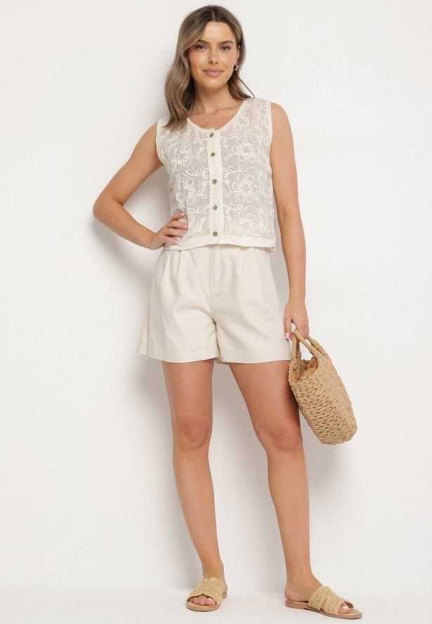 Beżowa Bluzka Boho Bez Rękawów z Guzikami Haftem i Ażurowym Zdobieniem Linetela