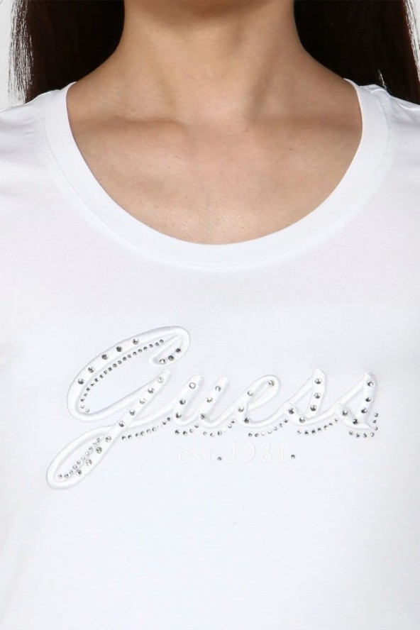 GUESS Biały damski longsleeve Embro Script, Rozmiar S