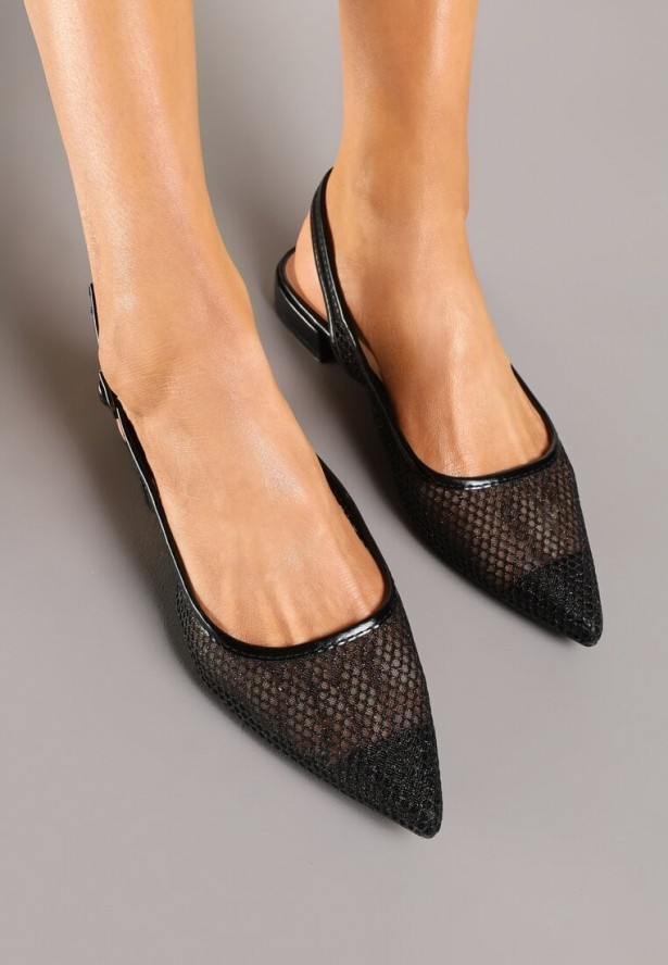 Czarne Brokatowe Sandały z Siateczki z Noskiem w Szpic i Odkrytą Piętą Korvesis