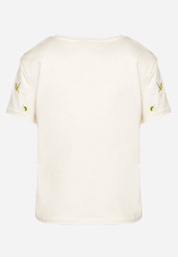 Beżowy T-shirt z Bawełny Ozdobiony Haftem Hiraviel