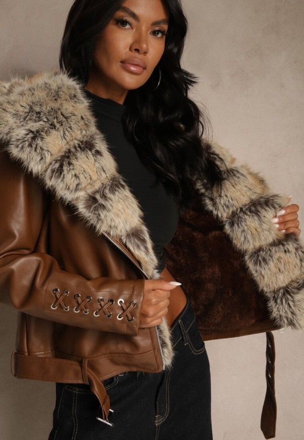 Brązowa Kurtka Ramoneska z Kapturem z Futrem z Możliwością Odpięcia Aplinna