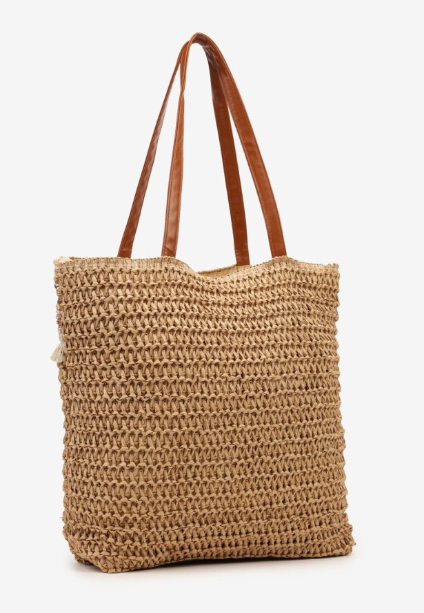 Brązowa Torebka Shopperka Wykończona Plecionką i Frędzlami w Stylu Boho Rivaniane