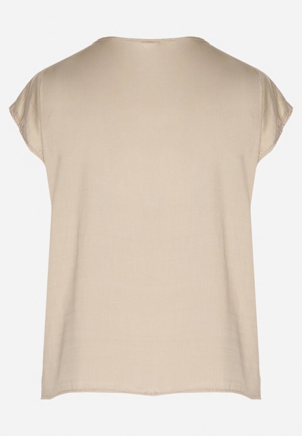 Beżowa Bluzka z Haftem i Sznurkiem Przy Dekolcie Mepaya