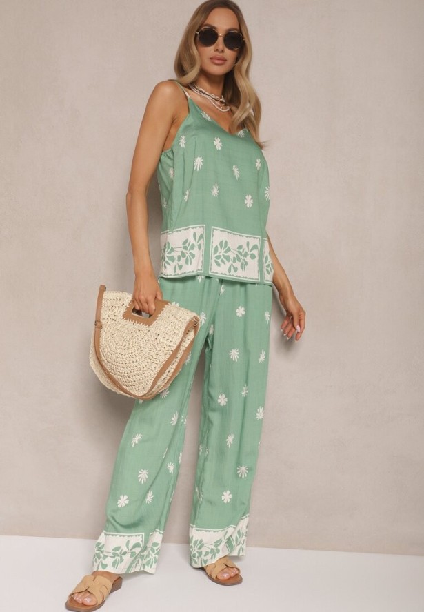 Miętowy Kwiatowy Komplet z Wiskozy Spodnie i Koszulka na Ramiączkach Beldisa