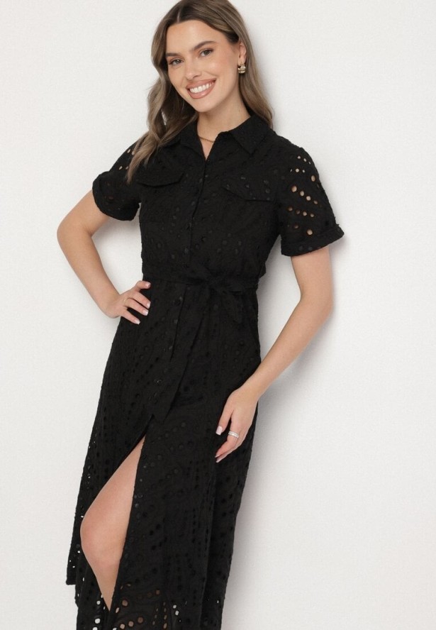 Czarna Koszulowa Sukienka Haftowana z Paskiem Rinessa